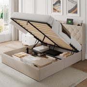 iPormis Full Size Bed Frame with Lift Up Storage & Charging Station, Button Tufted Wingback Upholstered Headboard, Beige