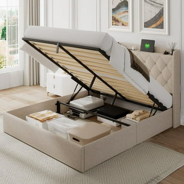 iPormis Full Size Bed Frame with Lift Up Storage & Charging Station, Button Tufted Wingback Upholstered Headboard, Beige