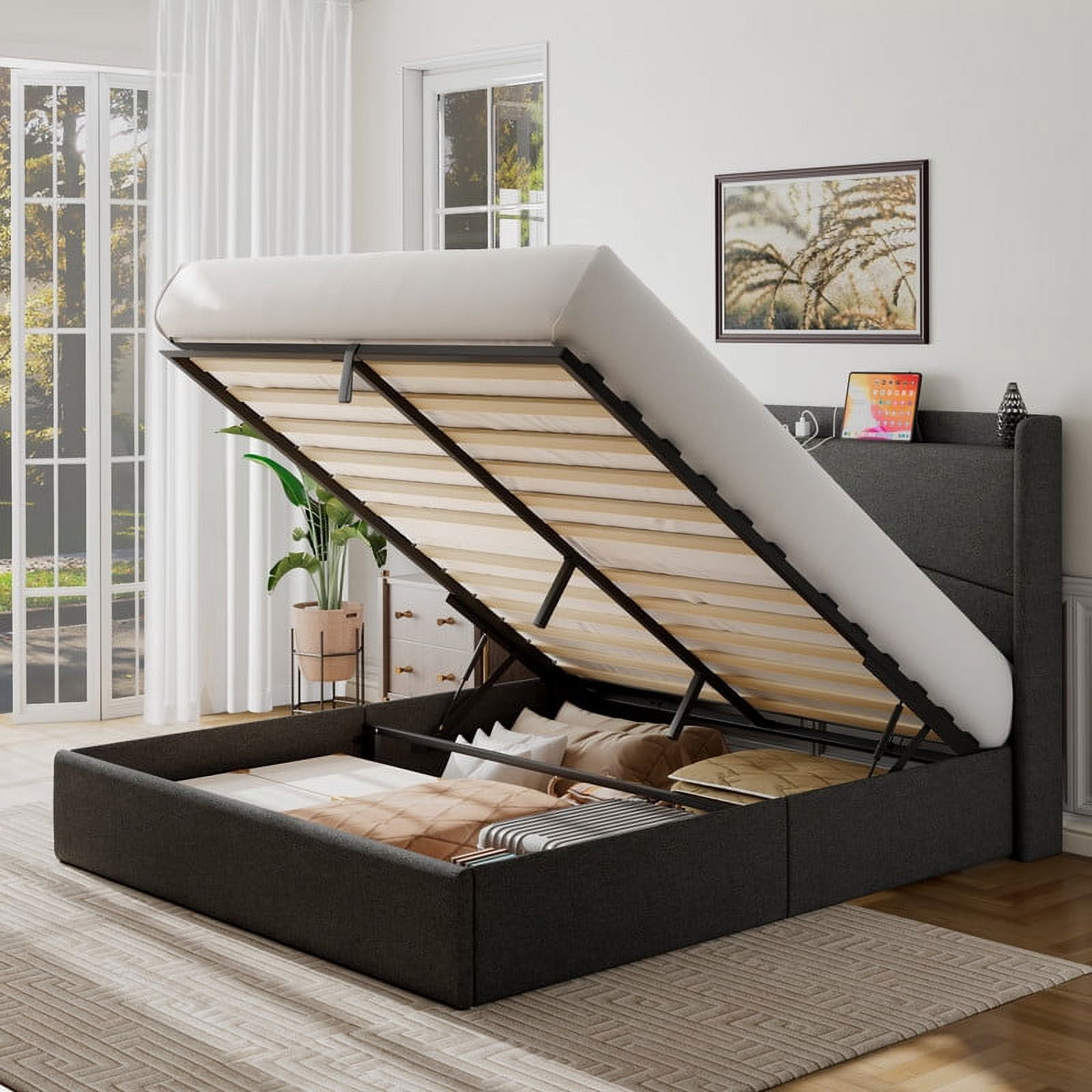 iPormis Full Size Bed Frame with Lift Up Storage & Charging Station ...