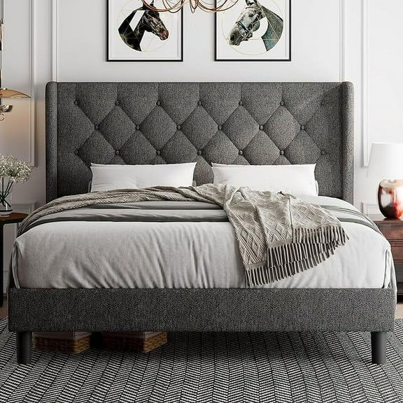 iPormis Full Size Bed Frame with Upholstered Wingback, Platform Bed Frame with Diamond Button Tufted Headboard, 8" Under-Bed Space, Sturdy Wooden Slats, Noise-Free, No Box Spring Needed, Dark Gray