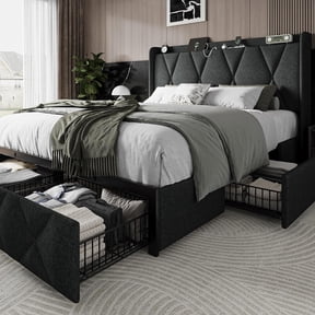 iPormis Full Size Bed Frame with Charging Station , Upholstered Bed with 4 Storage Drawers,Dark Grey