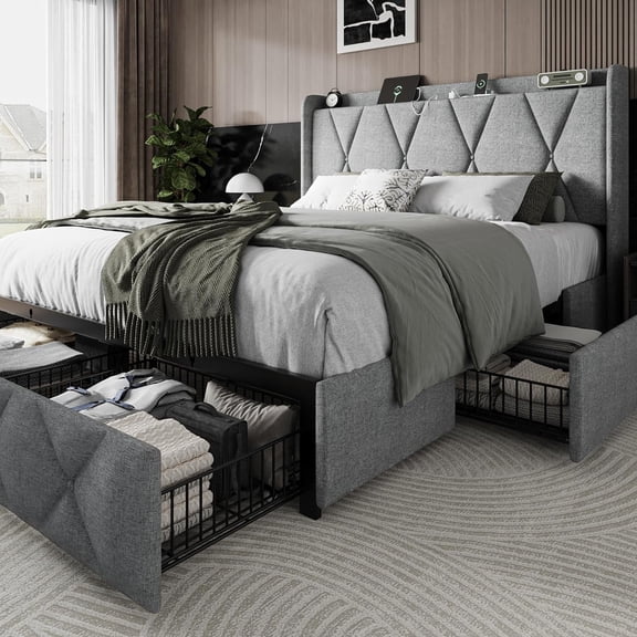 iPormis Full Size Bed Frame with Charging Station , Upholstered Bed with 4 Storage Drawers, Light Grey