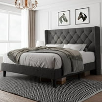 iPormis Full Size Bed Frame with Diamond Button Tufted Wingback Headboard, Upholstered Platform Bed Frame with Strong Wood Slat Support, Dark Grey