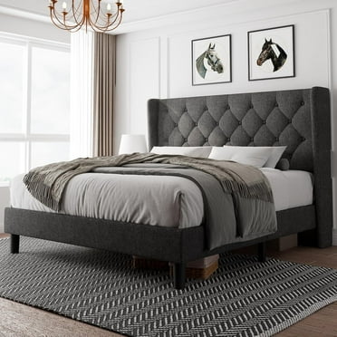 iPormis Full Size Bed Frame with Diamond Button Tufted Wingback Headboard, Upholstered Platform Bed Frame with Strong Wood Slat Support, Dark Grey