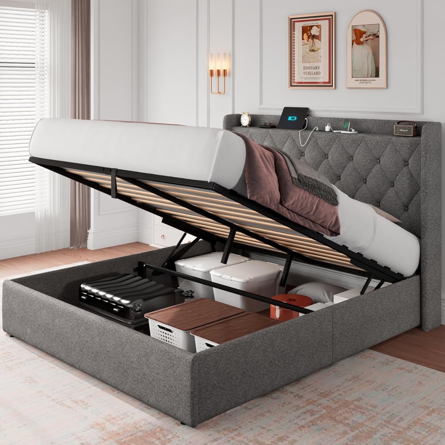 iPormis Full Size Bed Frame with Lift Up Storage & Charging Station, Button Tufted Wingback Upholstered Headboard, Wooden Slats Support, Light Gray