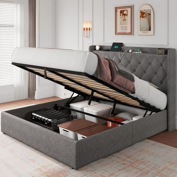 iPormis Full Size Bed Frame with Lift Up Storage & Charging Station, Button Tufted Wingback Upholstered Headboard, Wooden Slats Support, Light Gray