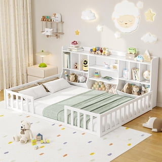iPormis Full Size Floor Bed with Bookcase and Storage Shelves, Montessori Bed Frame with High Safety Rails, Without Slats,White