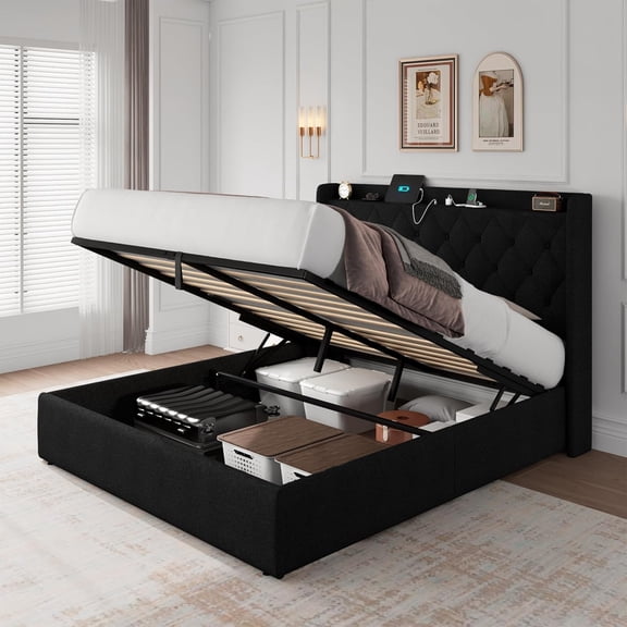 iPormis Full Size Lift Up Storage Bed Frame with Charging Station, Upholstered Platform Bed Frame with Linen Headboard, Hydraulic Storage,Black