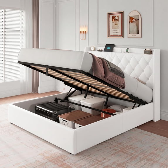 iPormis Full Size Lift Up Storage Bed Frame with Charging Station, Upholstered Platform Bed Frame with Velvet Headboard, Hydraulic Storage, White