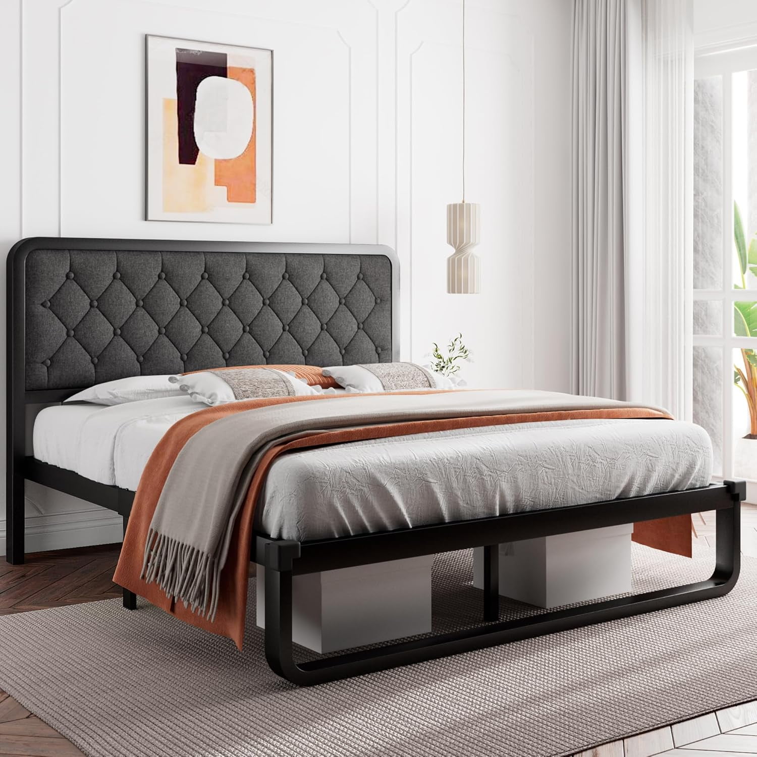 iPormis Full Size Metal Bed Frame with Linen Upholstered Headboard, 12'' Underbed Space, Thickened Metal Steel Slat Support, No Noise Free,Grey