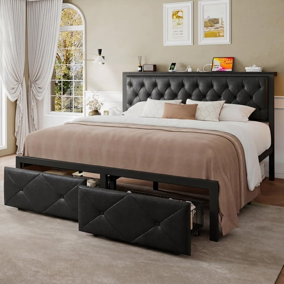 iPormis King Bed Frame with Storage Drawer, Metal Platform Bed with Charging Station, Upholstered Faux Leather Button Tufted Storage Headboard, No Box Spring Needed, Noise-Free, Easy Assembly, Black