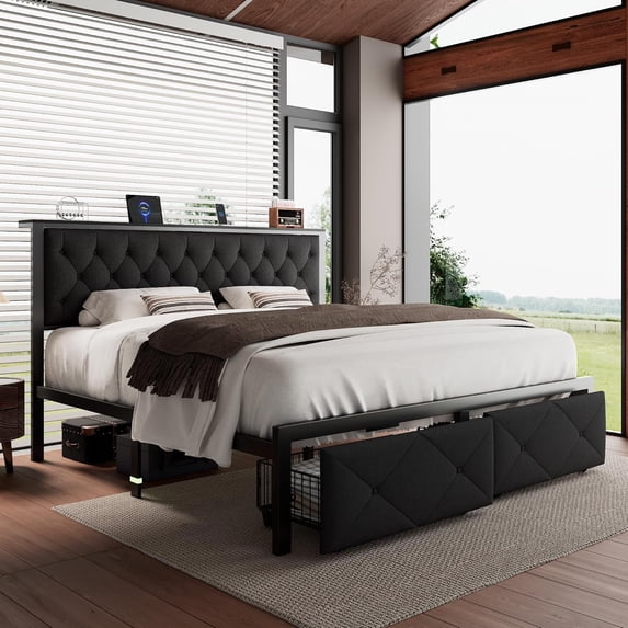 iPormis King Bed Frame with 2 Drawers, Metal Platform Bed with Charging Station and Linen Fabric Storage Headboard Strong Metal Slats,Black