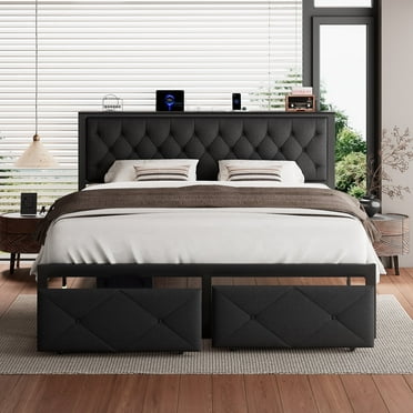 iPormis King Bed Frame with 2 Drawers, Metal Platform Bed with Charging Station and Linen Fabric Storage Headboard Strong Metal Slats,Black