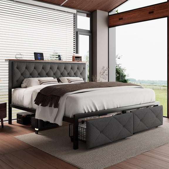iPormis King Bed Frame with 2 Drawers, Metal Platform Bed with Charging Station and Linen Fabric Storage Headboard Strong Metal Slats,Gray