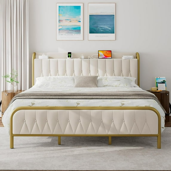 iPormis King Bed Frame with Type-C & USB Ports,12" Underbed Storage Space, Metal Platform Beds, with Velvet Upholstered Headboard & Footboard, Beige
