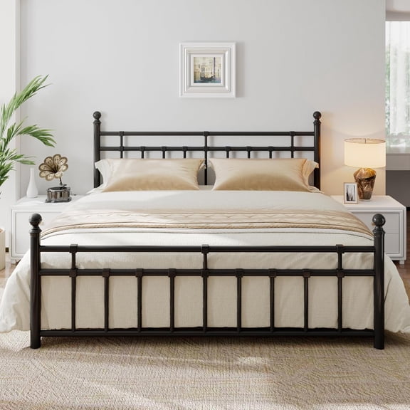 iPormis King Metal Bed Frame with Victorian Vintage Headboard and Footboard, Black