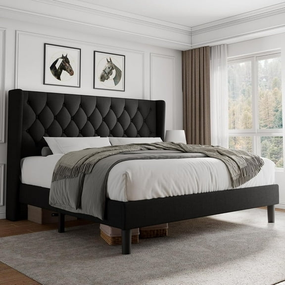 iPormis King Size Bed Frame with Diamond Button Tufted Wingback Headboard, Upholstered Platform Bed Frame with Strong Wood Slat Support, No Box Spring Needed,Black