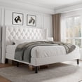 thumbnail image 1 of iPormis King Size Bed Frame with Diamond Button Tufted Wingback Headboard, Upholstered Platform Bed Frame with Strong Wood Slat Support, No Box Spring Needed,White, 1 of 8