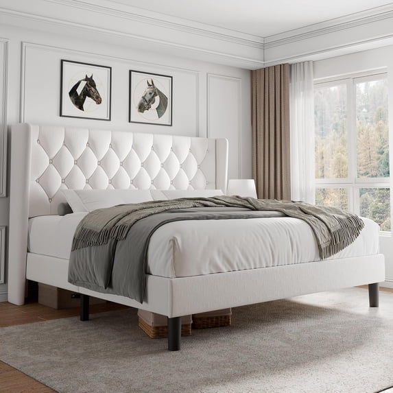 iPormis King Size Bed Frame with Diamond Button Tufted Wingback Headboard, Upholstered Platform Bed Frame with Strong Wood Slat Support, No Box Spring Needed,White