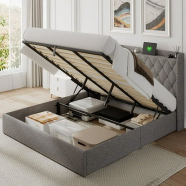iPormis King Size Bed Frame with Lift Up Storage & Charging Station, Button Tufted Wingback Upholstered Headboard, Wooden Slats Support, No Box Spring Needed, Noise Free,Light Gray
