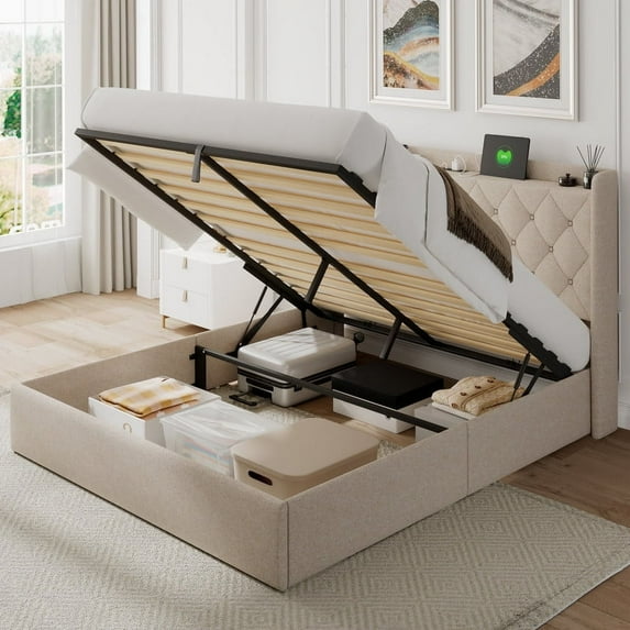 iPormis King Size Bed Frame with Lift Up Storage & Charging Station, Button Tufted Wingback Upholstered Headboard, Wooden Slats Support, No Box Spring Needed, Noise Free, Beige