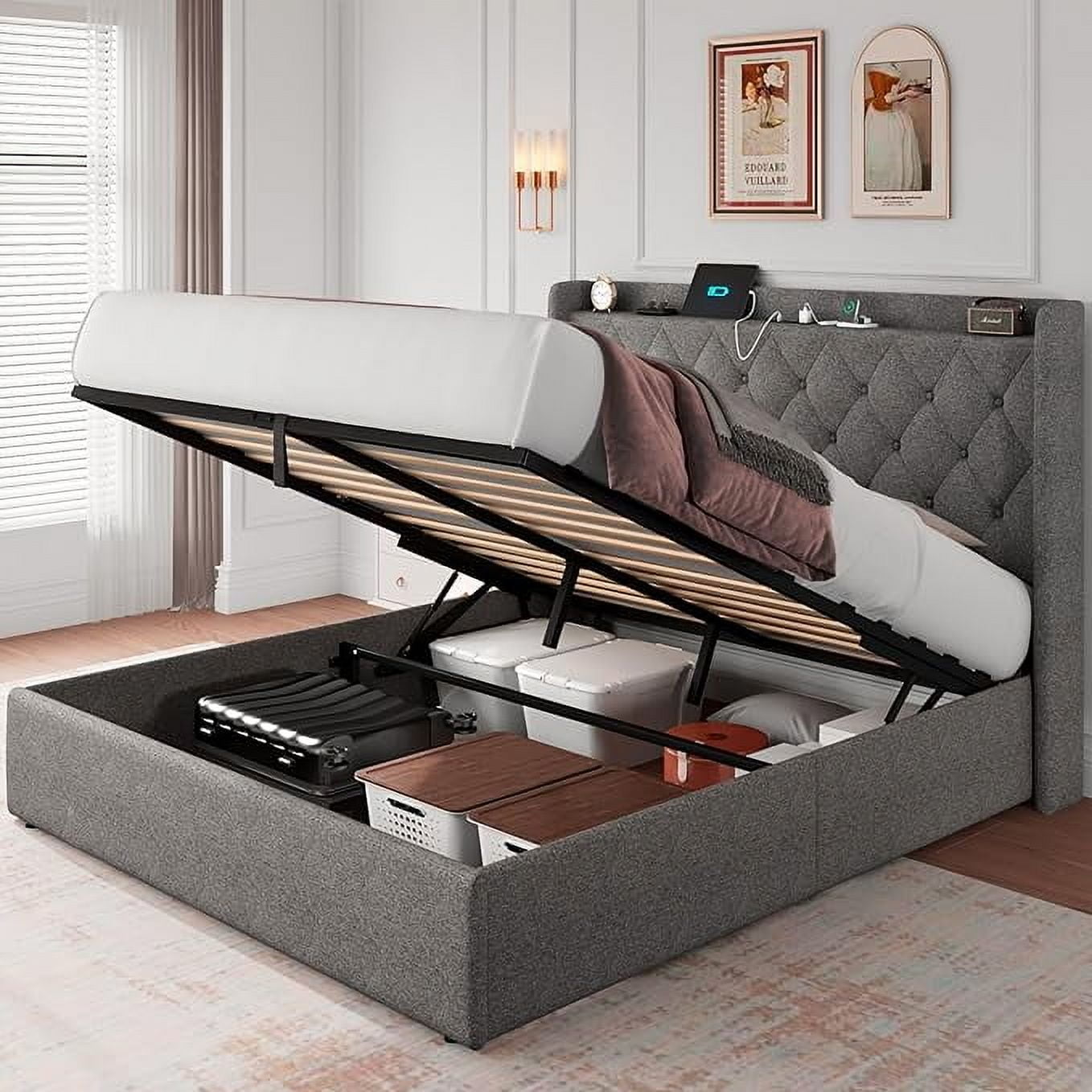 iPormis King Size Bed Frame with Lift Up Storage & Charging Station ...