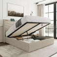 thumbnail image 1 of iPormis King Size Bed Frame with Lift Up Storage & Charging Station, Geometric Upholstered Storage Headboard, Heavy Duty Wooden Slats, No Box Spring Needed, Noise Free, Easy Assembly,Beige, 1 of 7