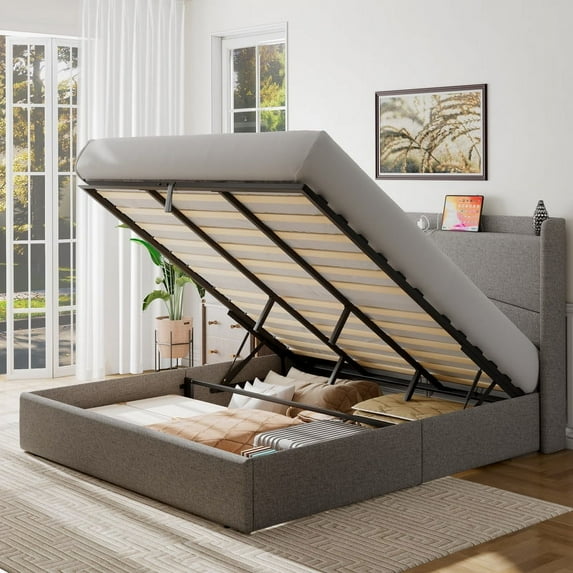 iPormis King Size Bed Frame with Lift Up Storage & Charging Station, Geometric Upholstered Storage Headboard, Heavy Duty Wooden Slats, No Box Spring Needed, Noise Free, Easy Assembly,Light Gray