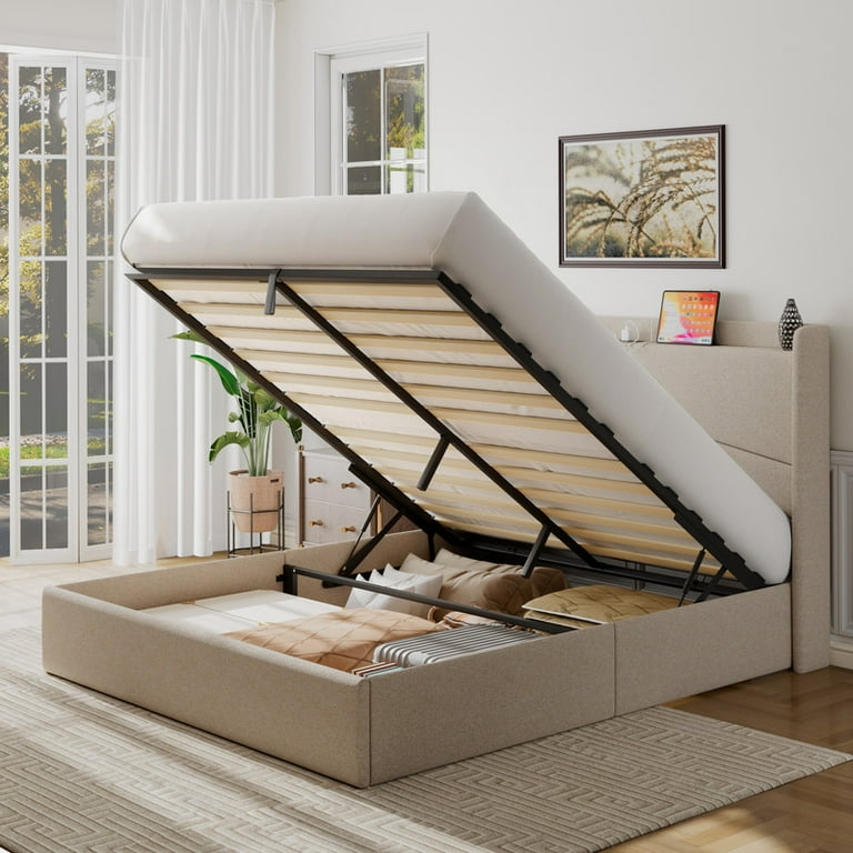 iPormis King Size Bed Frame with Lift Up Storage Charging Station Geometric Upholstered Storage Headboard Heavy Duty Wooden Slats No Box Spring