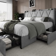 iPormis King Size Bed Frame with Charging Station , Upholstered Bed with 4 Storage Drawers, Light Grey