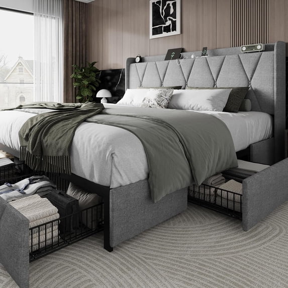 iPormis King Size Bed Frame with Charging Station , Upholstered Bed with 4 Storage Drawers, Light Grey