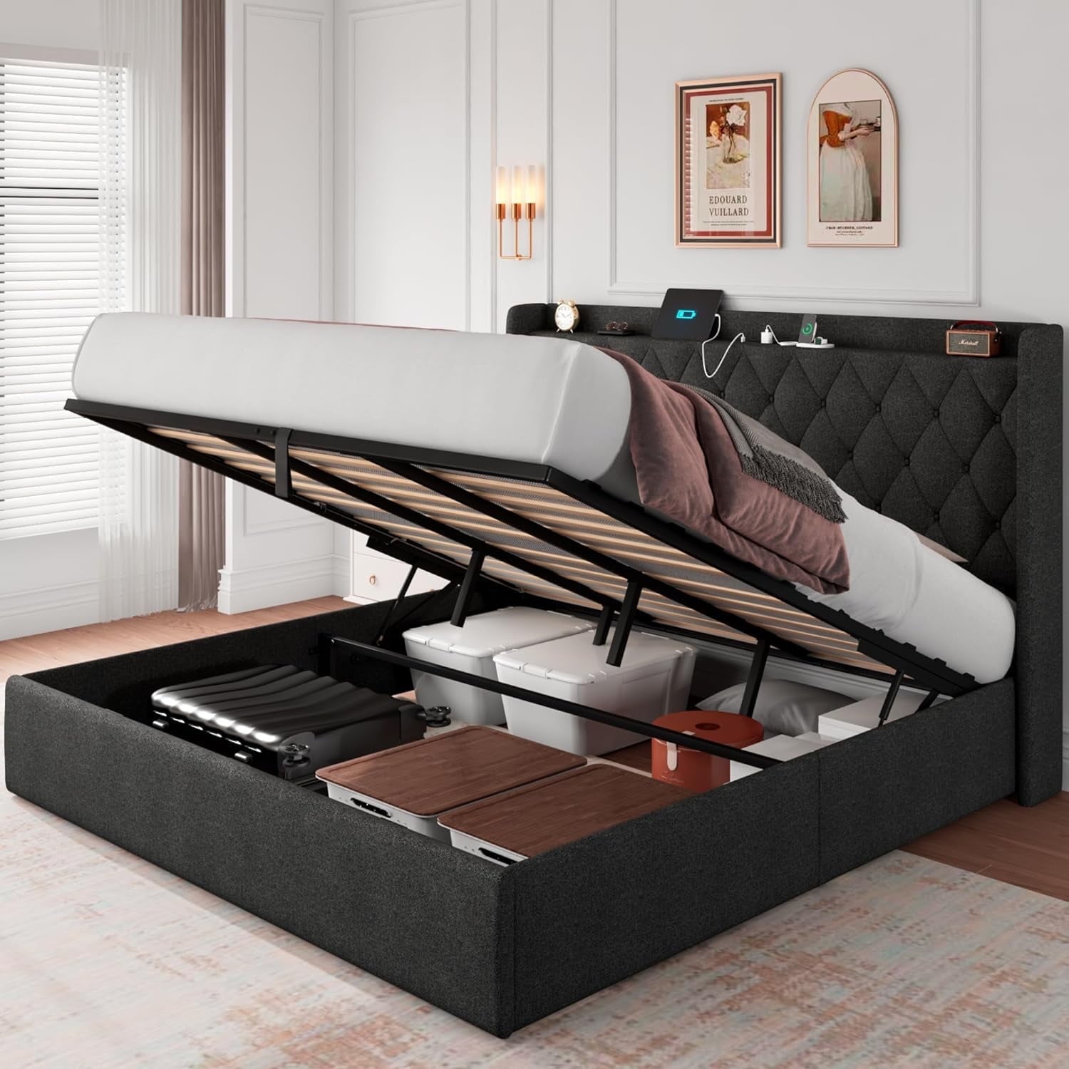 iPormis King Size Bed Frame with Lift up Storage & Charging Station ...