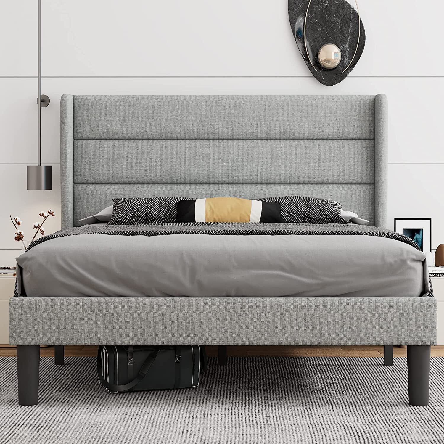 Ipormis King Size Upholstered Bed Frame With Wingback Platform Bed Frame With Storage Headboard