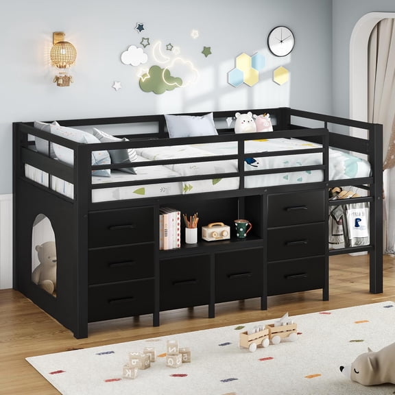 iPormis Low Loft Twin Size Bed with Bookcase, 8 Storage Drawers, Metal Bed Frame with 13 Inch High Safety Guardrail & Play Curtain, Spacious Under Bed Activity Space,Black