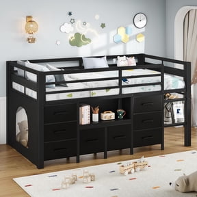 iPormis Low Loft Twin Size Bed with Bookcase, 8 Storage Drawers, Metal Bed Frame with 13 Inch High Safety Guardrail & Play Curtain, Spacious Under Bed Activity Space,Black