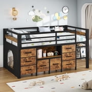 iPormis Low Loft Twin Size Bed with Bookcase, 8 Storage Drawers, Metal Bed Frame with 13 Inch High Safety Guardrail & Play Curtain, Spacious Under Bed Activity Space,Rustic Brown