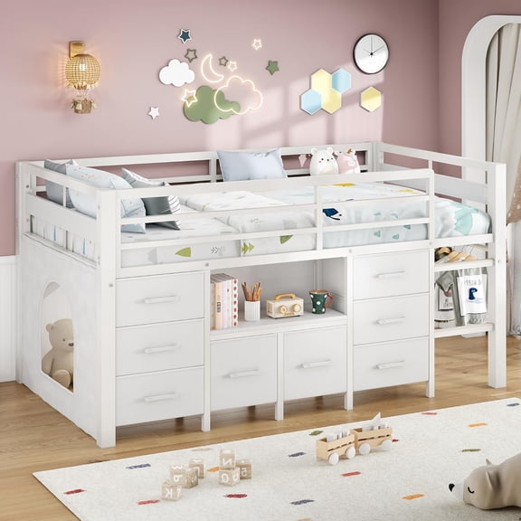 iPormis Low Loft Twin Size Bed with Bookcase, 8 Storage Drawers, Metal Bed Frame with 13 Inch High Safety Guardrail & Play Curtain, Spacious Under Bed Activity Space,White