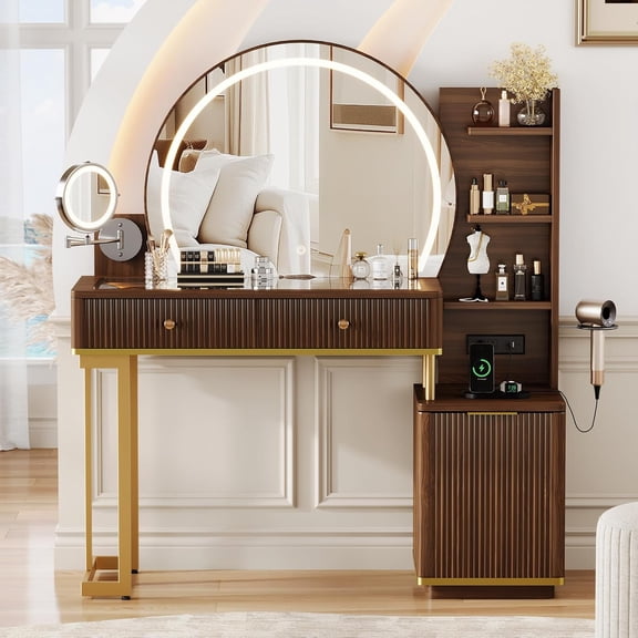 iPormis Makeup Vanity Desk with Round Mirror and Lights, 5x Magnifying Makeup Mirror, Dressing Table w/Power Outlets, Doorshelves & Adjustable Storage,Dark Brown