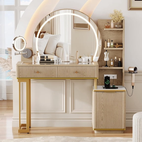 iPormis Makeup Vanity Desk with Round Mirror and Lights, 5x Magnifying Makeup Mirror, Dressing Table w/Power Outlets, Doorshelves & Adjustable Storage,Natural