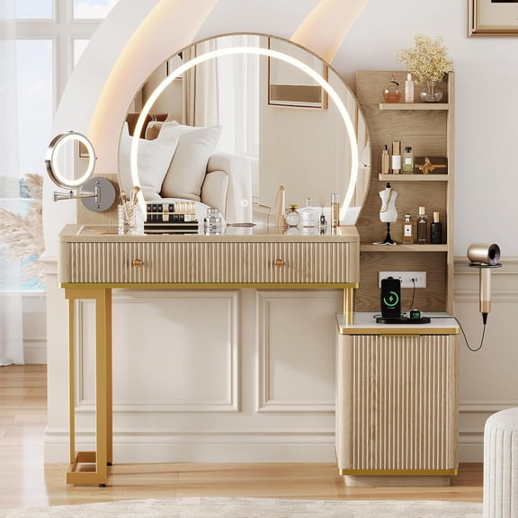 iPormis Makeup Vanity Desk with Round Mirror and Lights, 5x Magnifying Makeup Mirror, Dressing Table w/Power Outlets, Doorshelves & Adjustable Storage,Natural