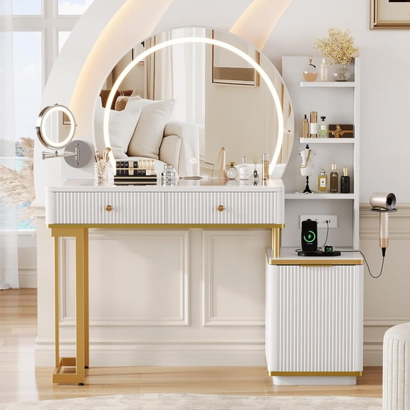 iPormis Makeup Vanity Desk with Round Mirror and Lights, 5x Magnifying Makeup Mirror, Dressing Table w/Power Outlets, Doorshelves & Adjustable Storage,White