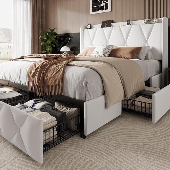 iPormis Queen Bed Frame with 4 Storage Drawers, Upholstered Platform Bed Frame with Charging Station, Modern Wingback Storage Headboard, Easy Assembly, White