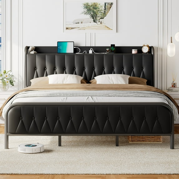 iPormis Queen Bed Frame with Type-C & USB Ports,12" Underbed Storage Space, Metal Platform Beds, with Faux Leather Upholstered Headboard & Footboard,Black