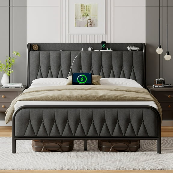 iPormis  Queen Bed Frame with Type-C & USB Ports,12" Underbed Storage Space， Metal Platform Beds, with Velvet Upholstered Headboard & Footboard, Dark Gray