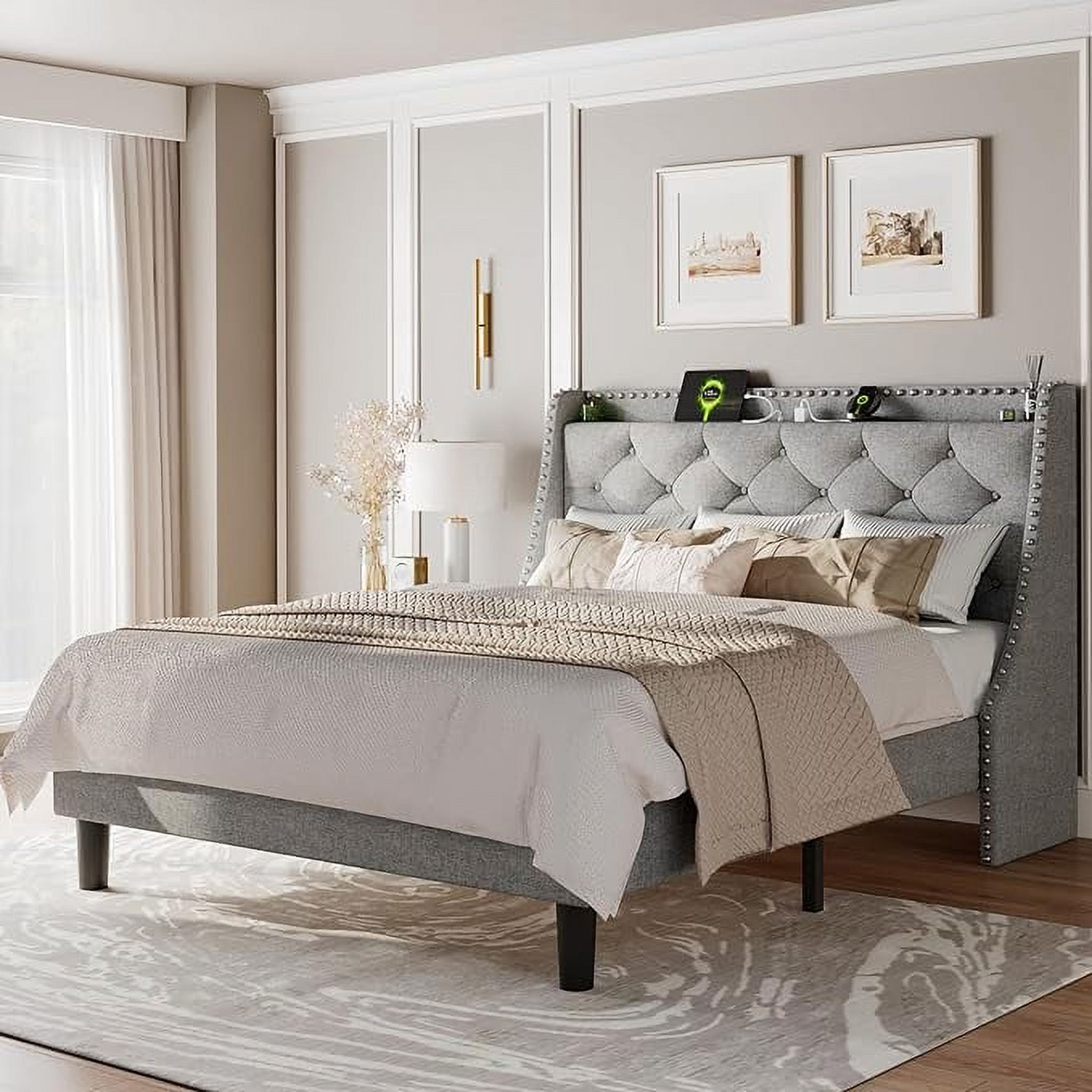 iPormis Queen Bed Frame with Upholstered Wingback Button Tufted Storage Headboard, Luxurious Platform Bed with Charging Station, Sturdy Wooden Slats Support,No Box Spring Needed,Light Gray