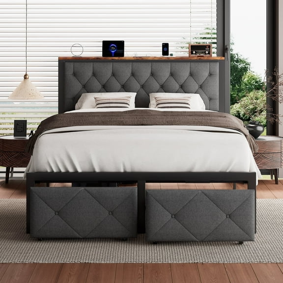 iPormis Queen Bed Frame with 2 Drawers, Metal Platform Bed with Charging Station and Linen Fabric Storage Headboard ,Gray
