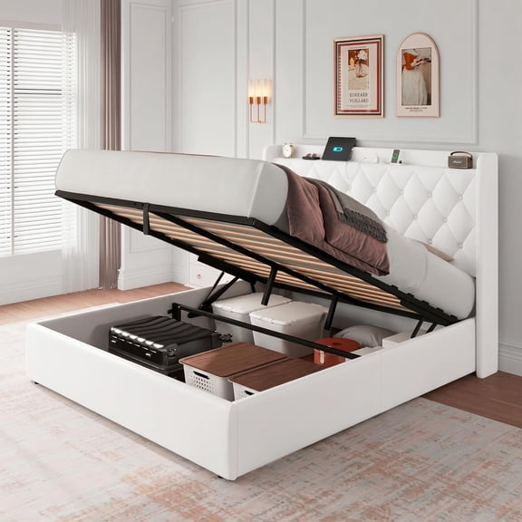 iPormis Queen Lift Up Storage Bed Frame with Charging Station, Upholstered Platform Bed Frame with Velvet Headboard, Hydraulic Storage,White