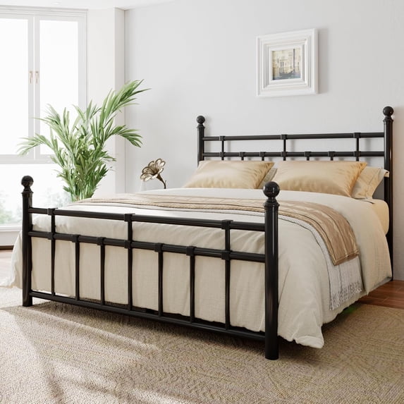 iPormis Queen Metal Bed Frame with Victorian Vintage Headboard and Footboard, Black