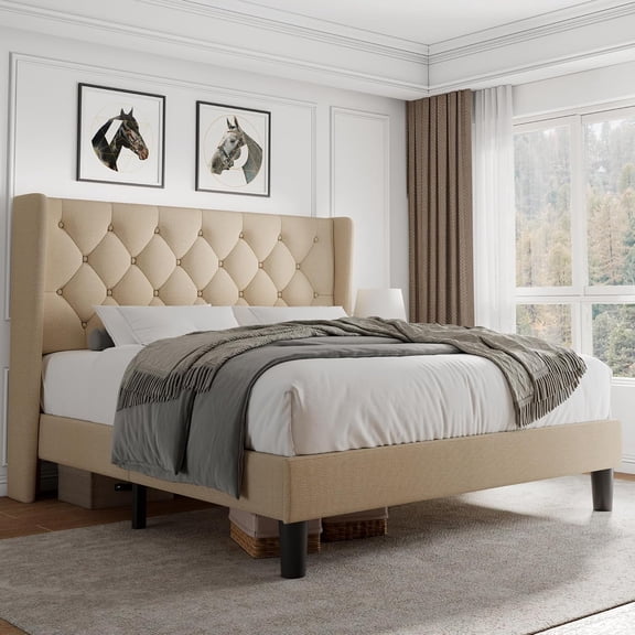 iPormis Queen Size Bed Frame with Diamond Button Tufted Wingback Headboard, Upholstered Platform Bed Frame with Strong Wood Slat Support, No Box Spring Needed,Beige