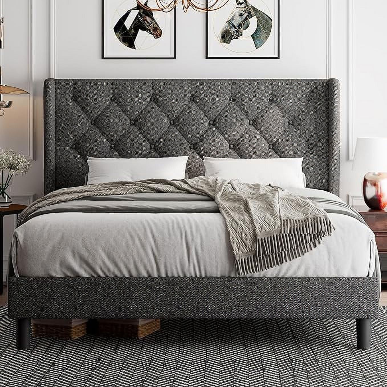 iPormis Queen Size Bed Frame with Diamond Button Tufted Wingback Headboard, Upholstered Platform Bed Frame with Strong Wood Slat Support, No Box Spring Needed, Dark Grey